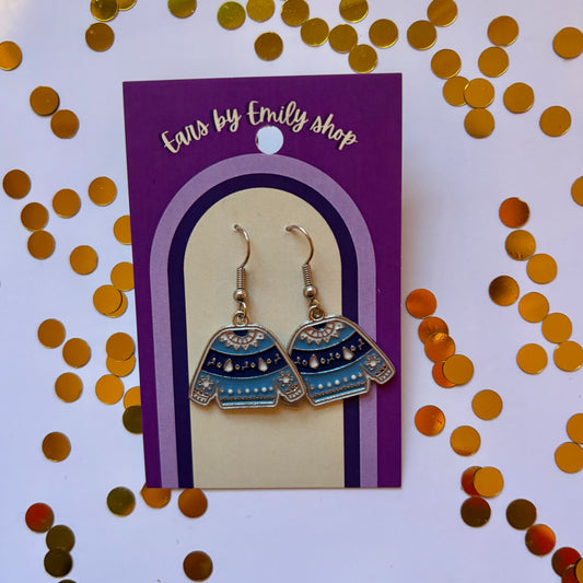 Silver and blue cartoon winter jumper dangle Christmas earrings