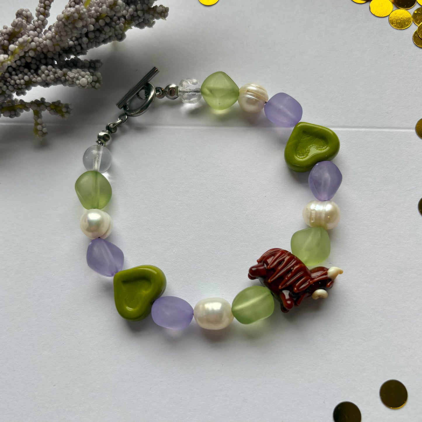 Handmade green and purple highland cow freshwater pearl bracelet