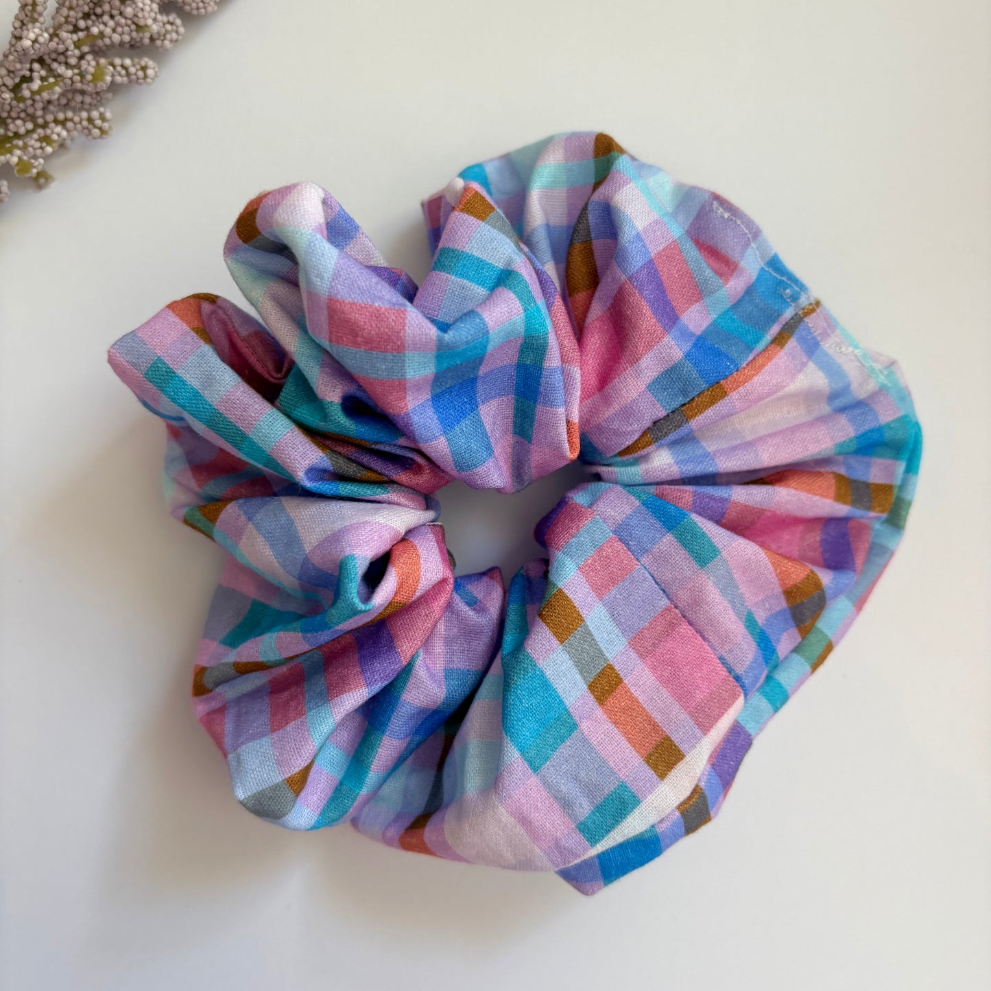 Cool gingham check purple, pink and blue large hair scrunchie