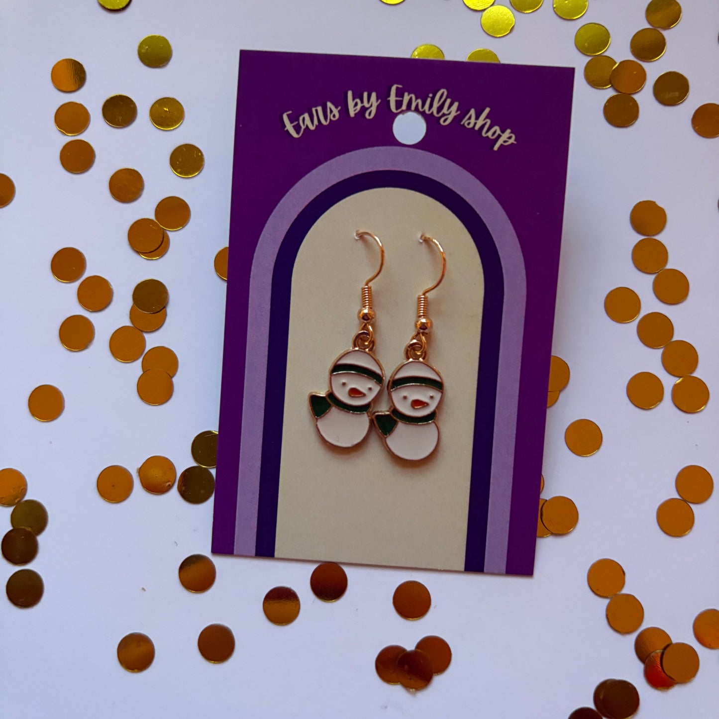 Gold and white Christmas duck snowman dangle earrings on gold plated hooks