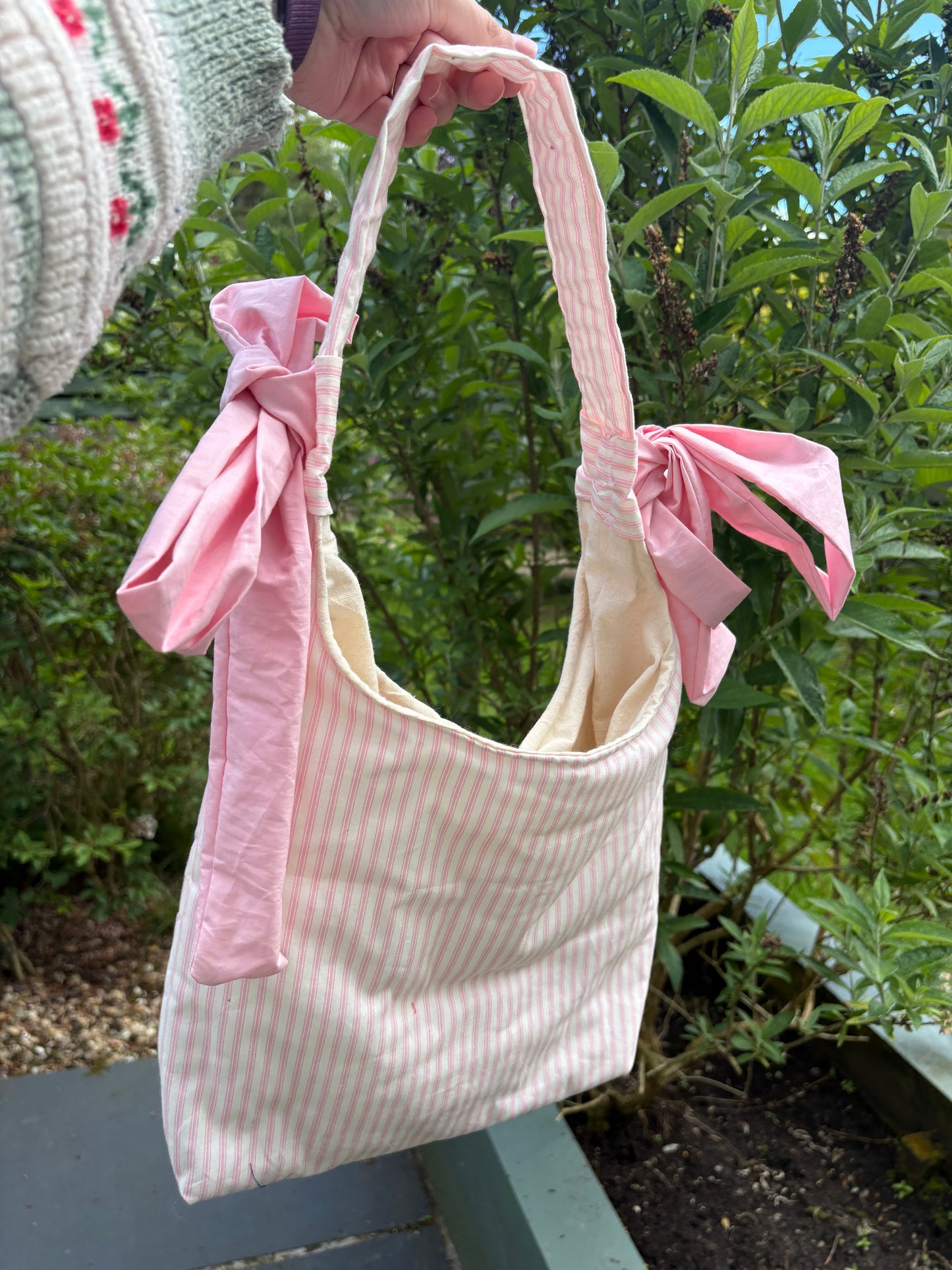 COMING SOON... Handmade white and pink stripe coquette padded tote bag with bows
