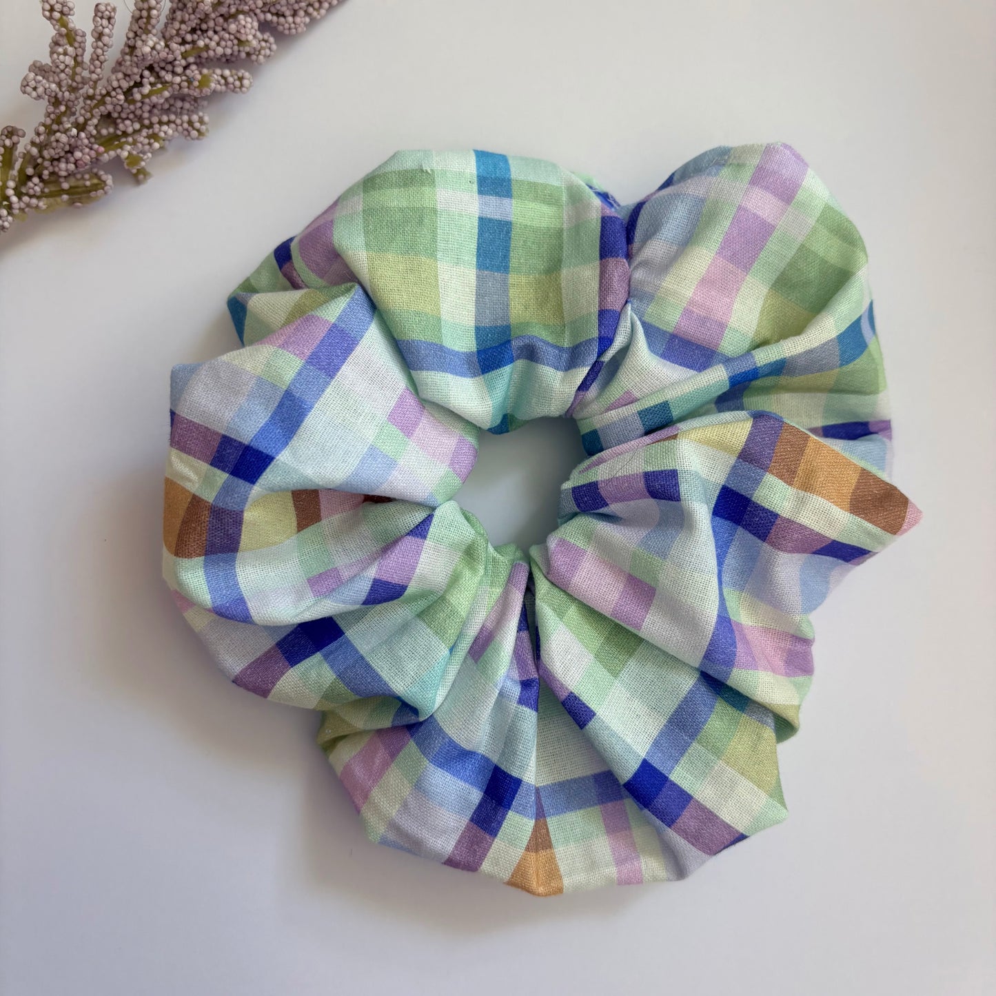 Cool gingham check purple, green and blue large hair scrunchie