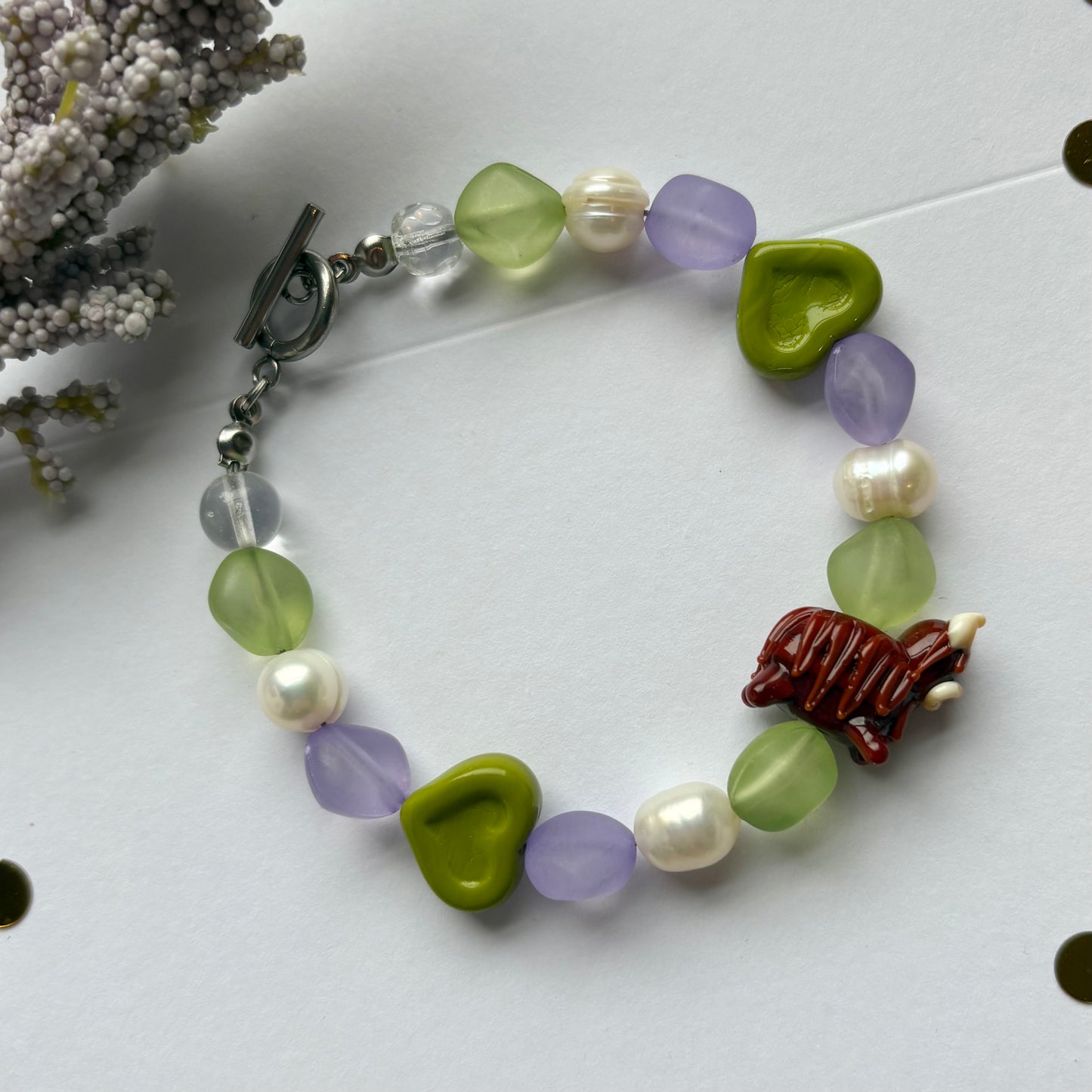 Handmade green and purple highland cow freshwater pearl bracelet