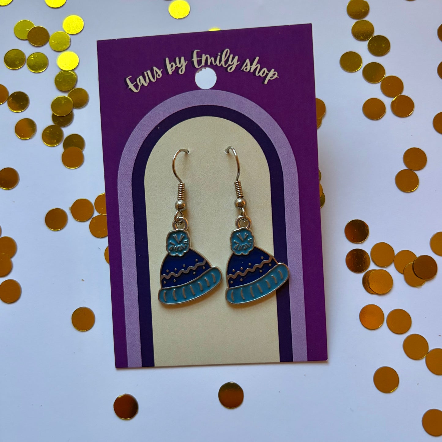Silver and blue cartoon winter hat dangle Christmas earrings