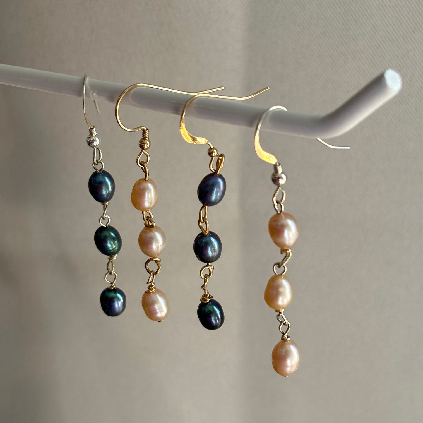 Sterling silver or gold filled fresh water pearl trio dangle earrings