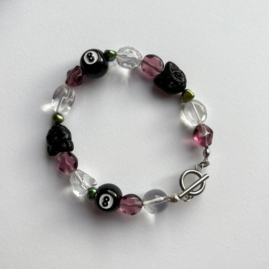 Superstitious bracelet - beaded with glass cat, pearl and 8 ball charms