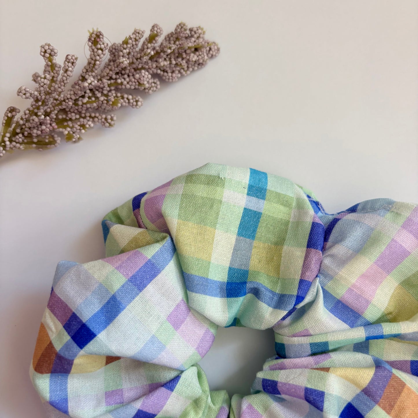 Cool gingham check purple, green and blue large hair scrunchie