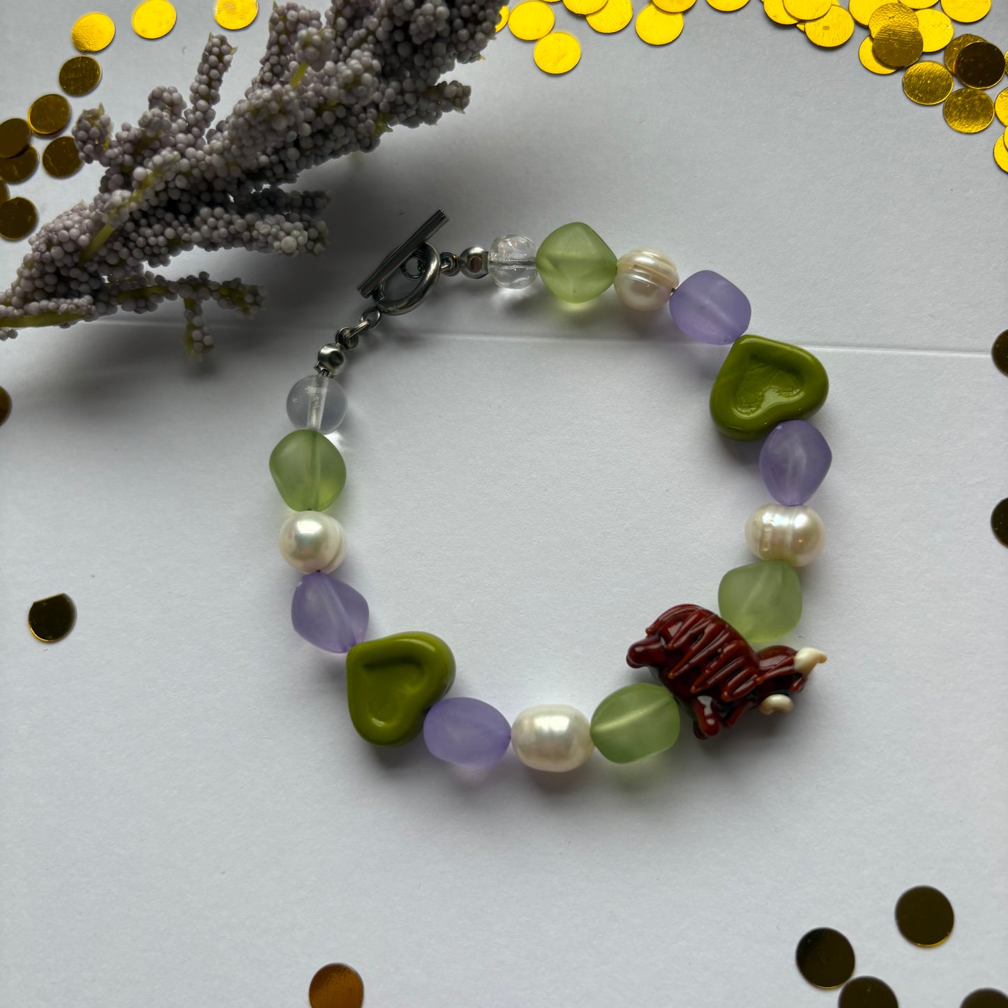 Handmade green and purple highland cow freshwater pearl bracelet