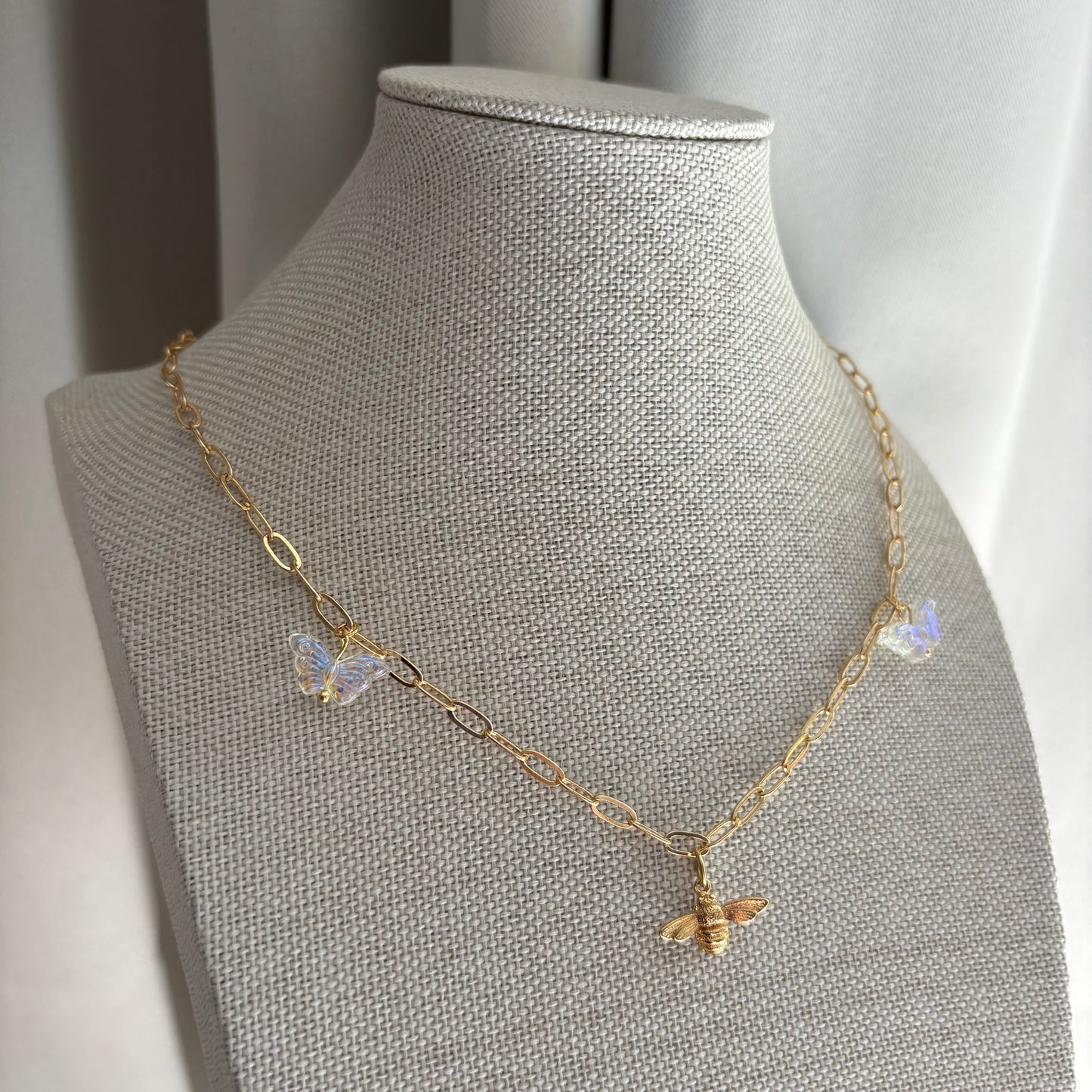 18k gold plated paperclip charm necklace with gold bee and butterflies necklace