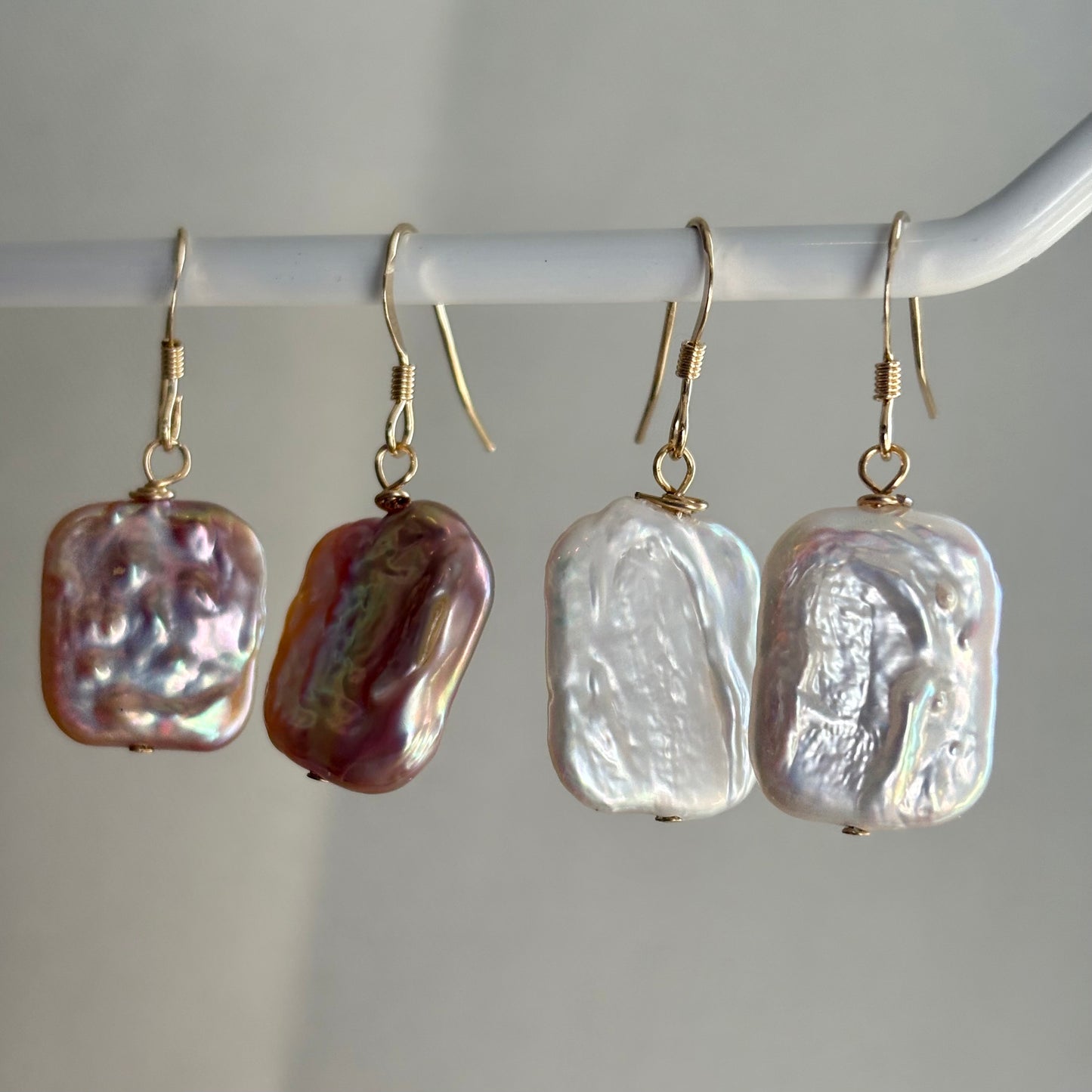 Large nucleated rectangular freshwater pearl sterling silver or 14k gold filled earrings and necklace