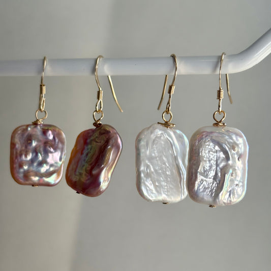 Large nucleated rectangular freshwater pearl sterling silver or 14k gold filled earrings and necklace
