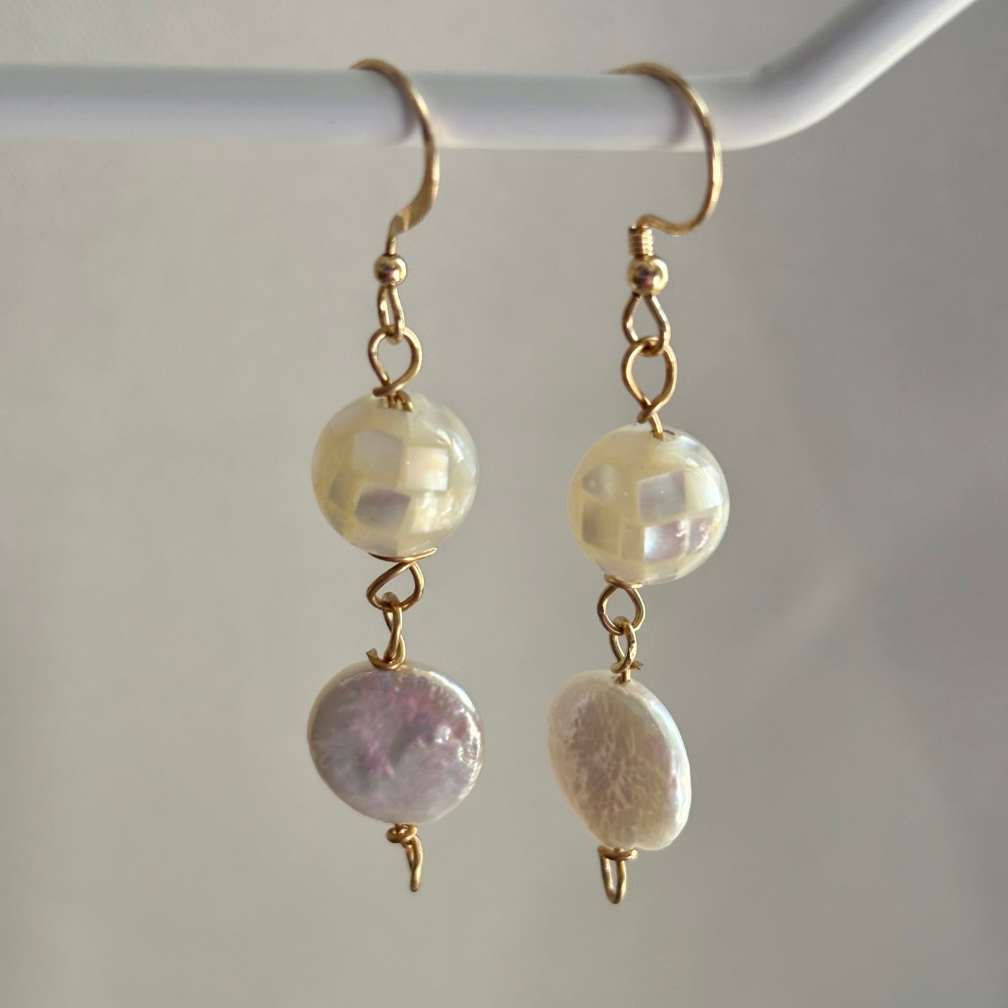 Gold filled disco pearl dangle earrings