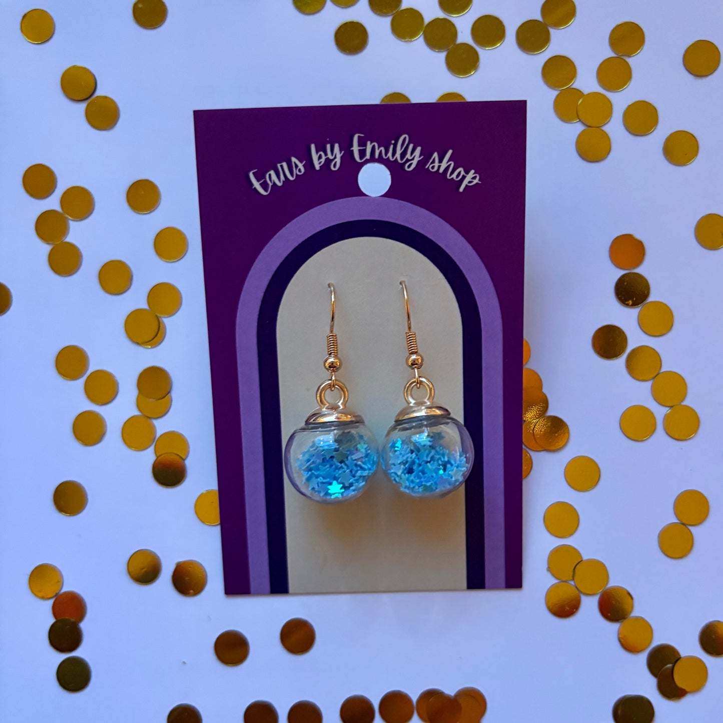 Light blue star sparkle bauble Christmas dangle earrings gold plated