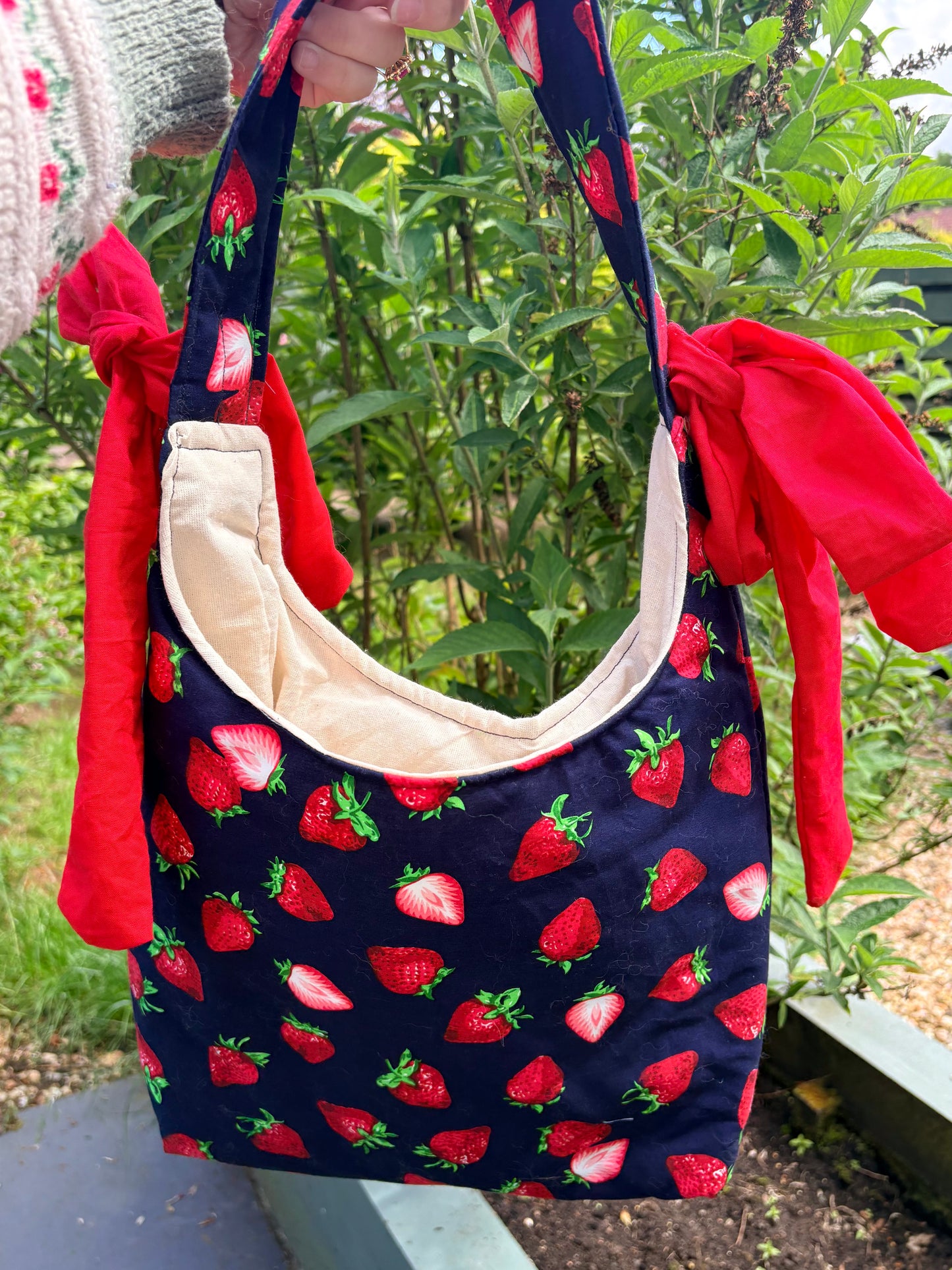 COMING SOON... Handmade navy blue red strawberry coquette padded tote bag with bows