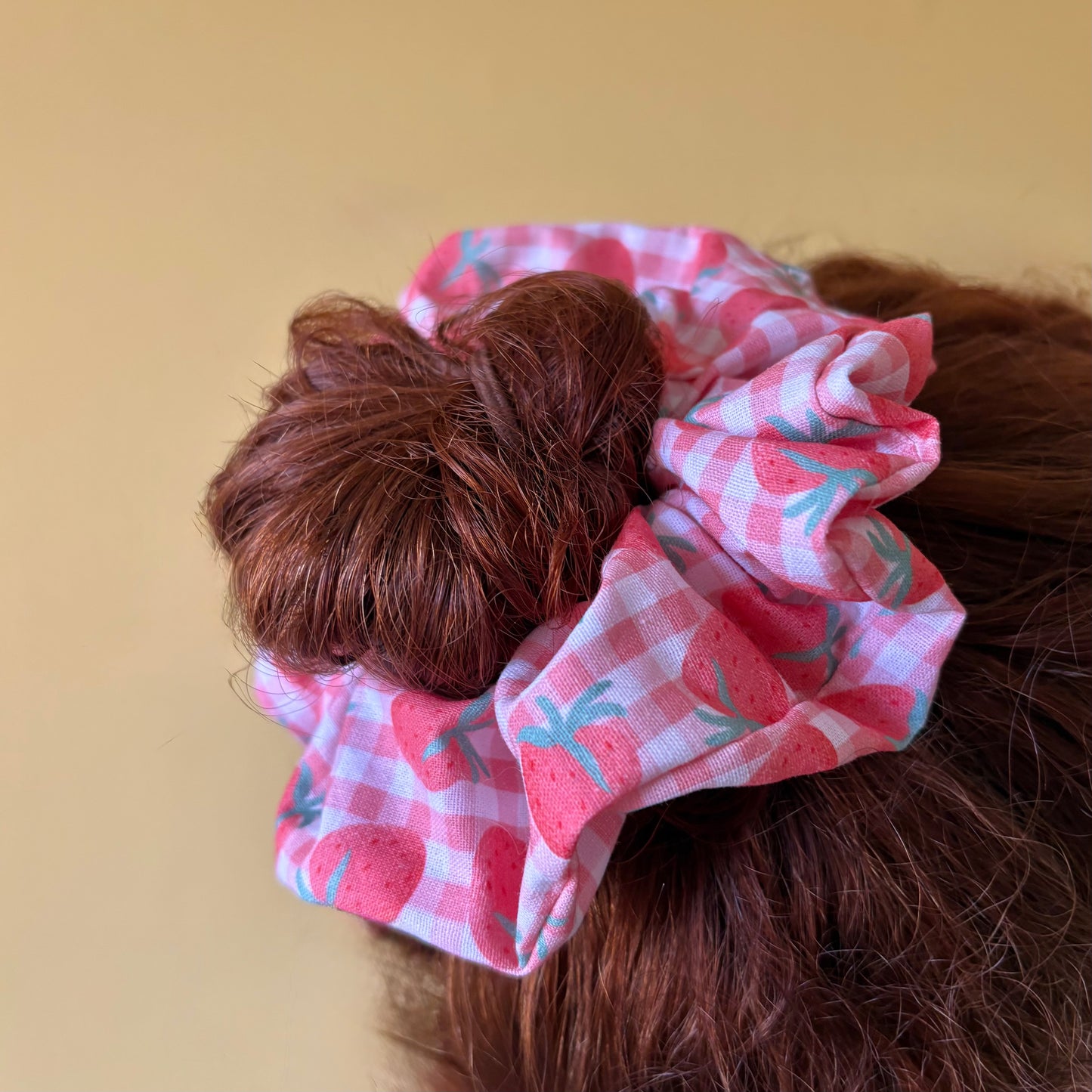 Large handmade cotton pink gingham strawberry scrunchie