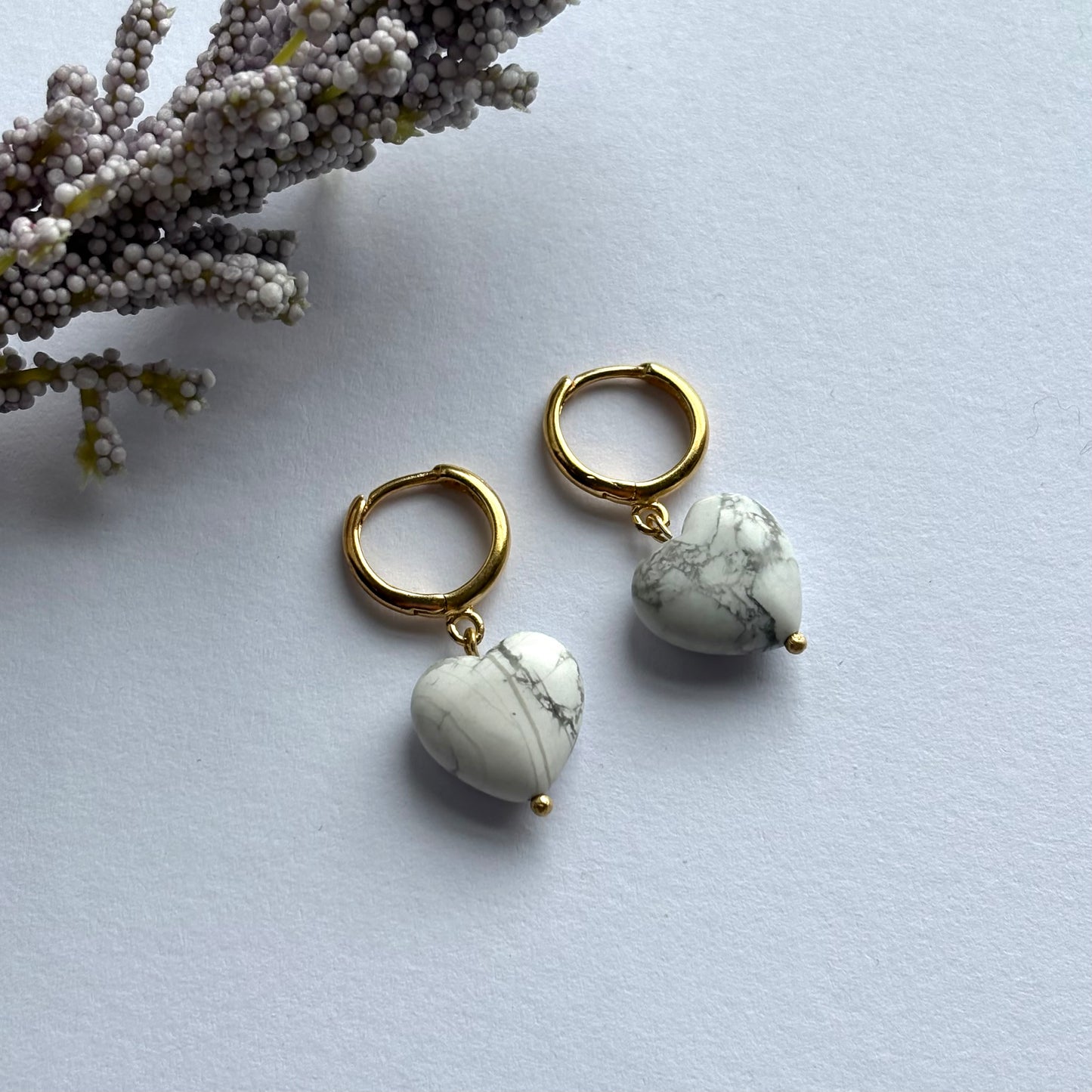 24k gold plated handmade heart crystal huggie hoop earrings with howlite or rose quartz crystals