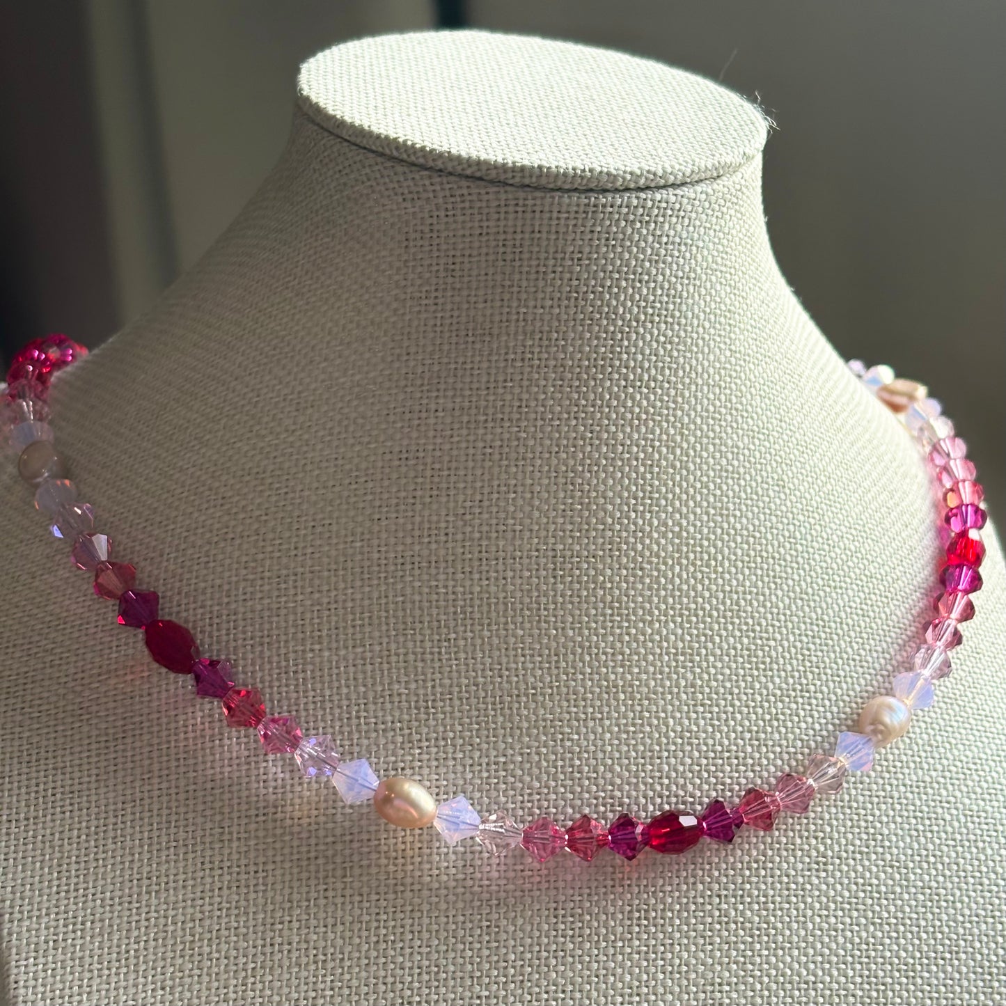 The lovers - pink pearl and crystal handmade beaded necklace
