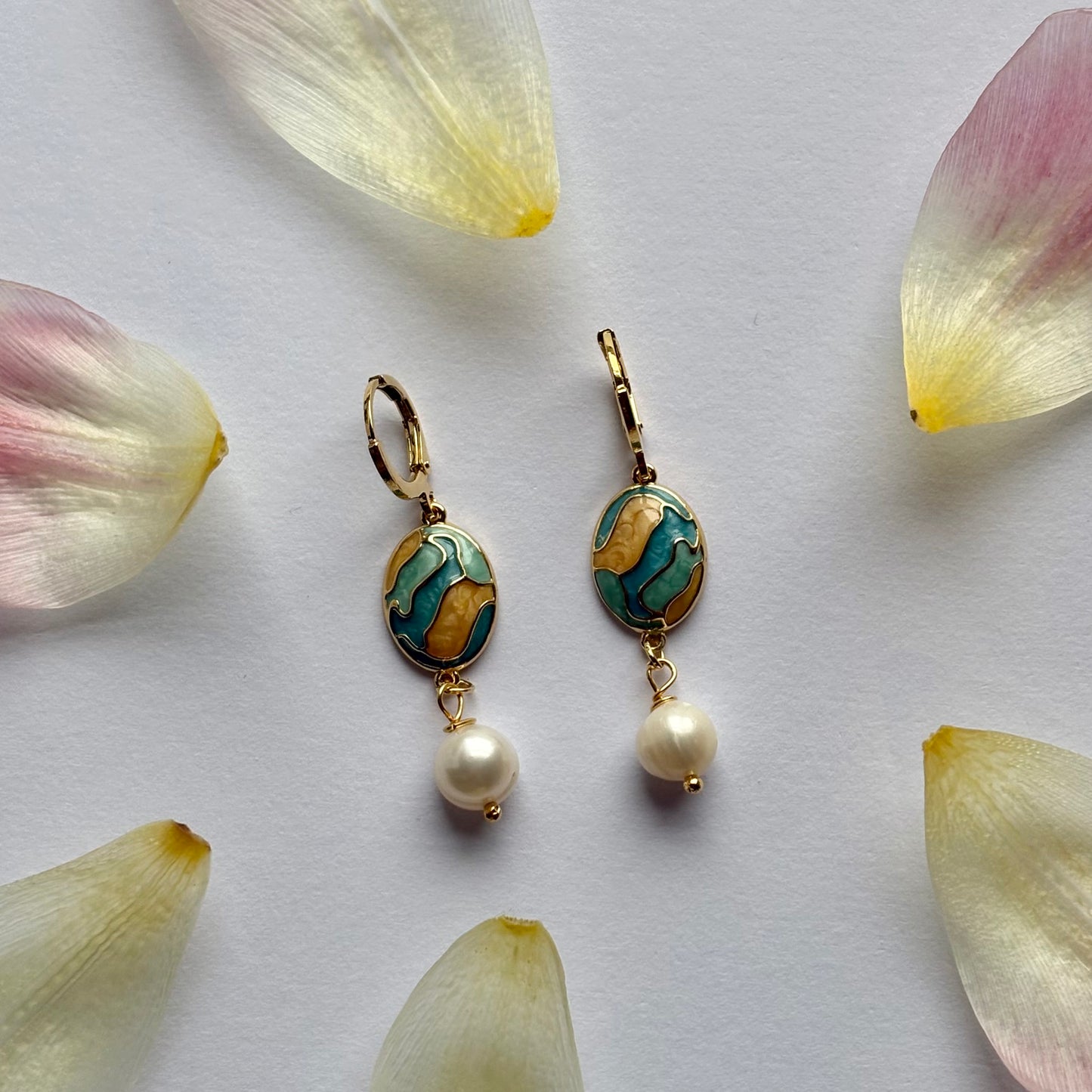 Blue and cream enamel oval and freshwater pearl gold plated hoop earrings