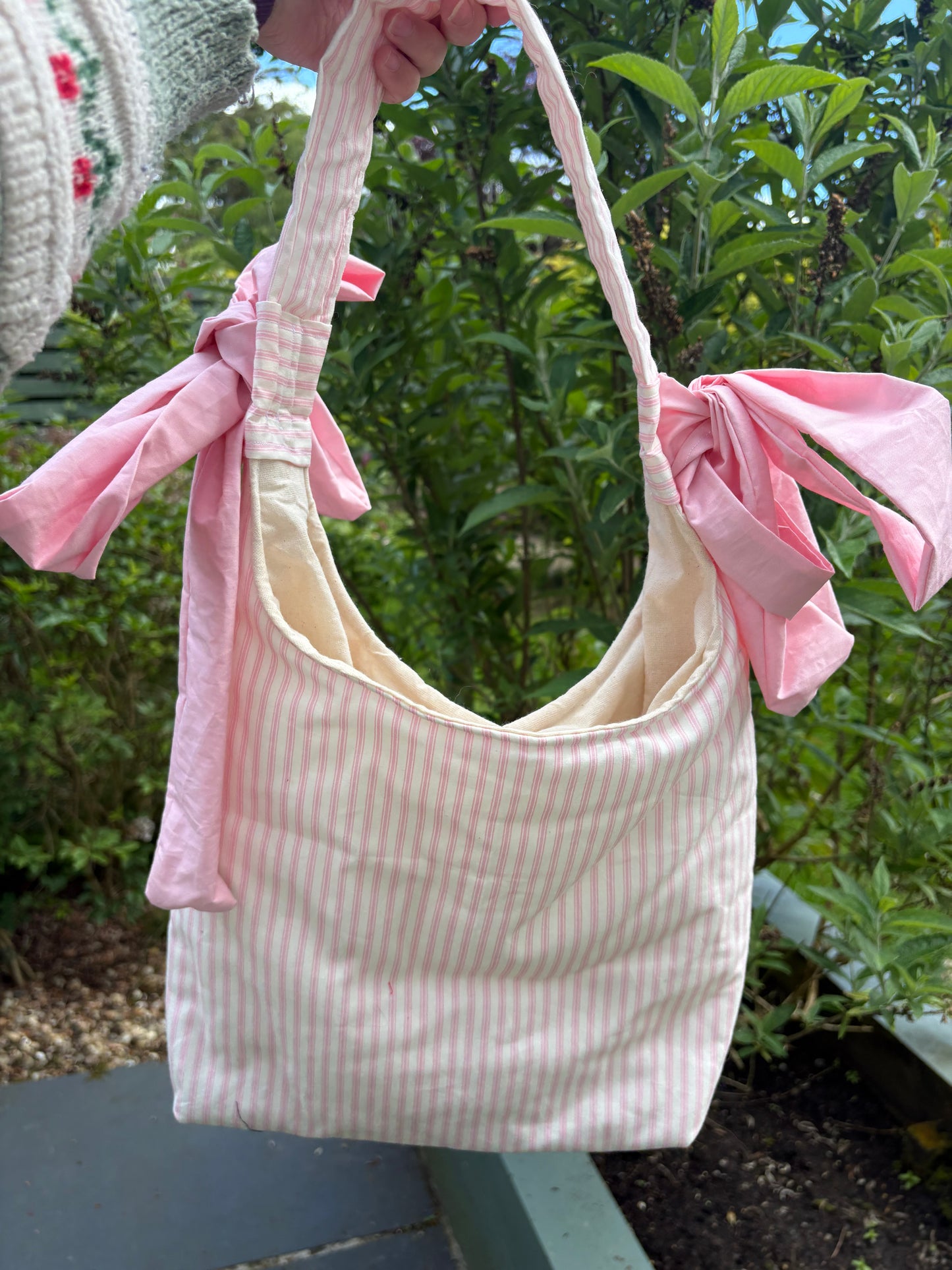 COMING SOON... Handmade white and pink stripe coquette padded tote bag with bows