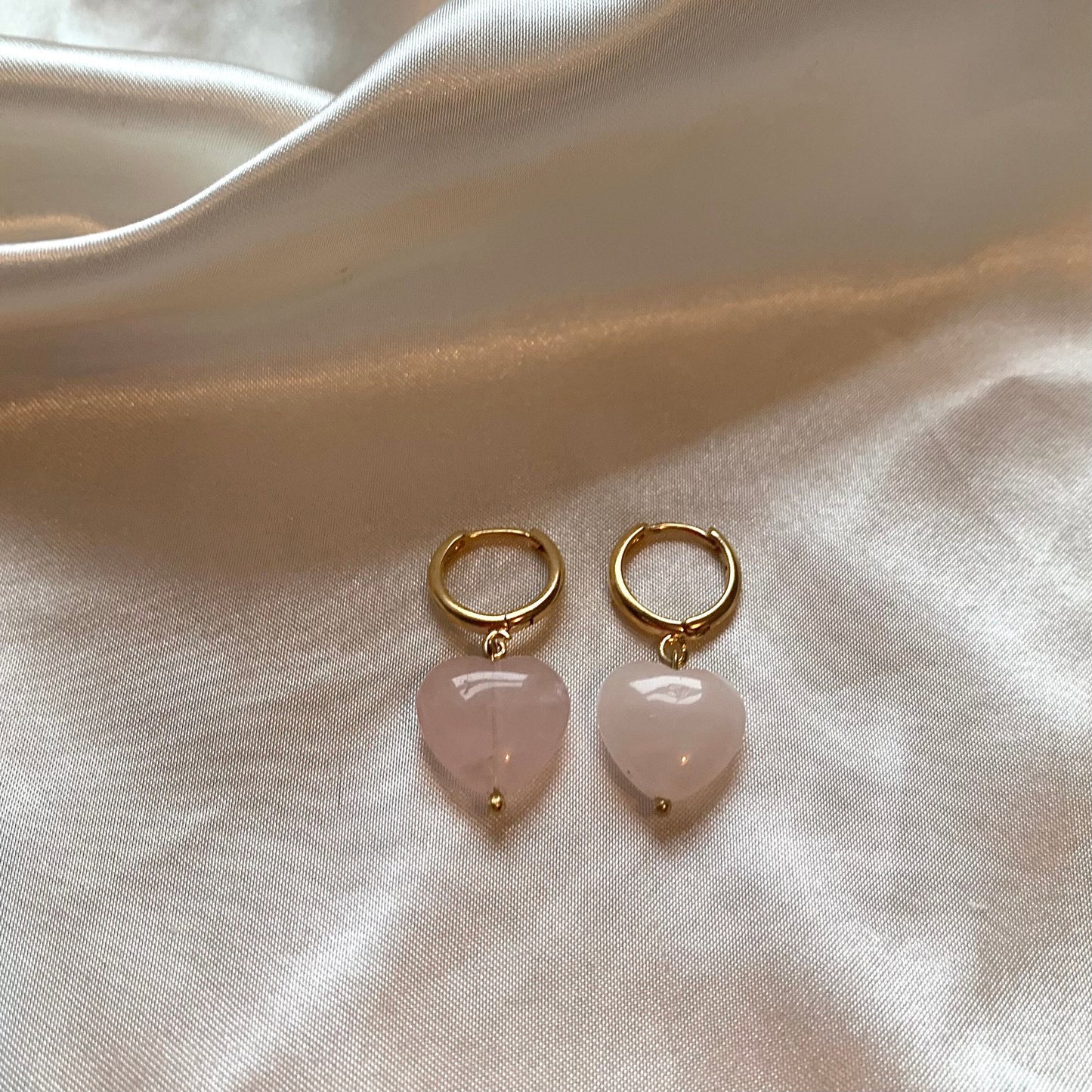 24k gold plated handmade heart crystal huggie hoop earrings with howlite or rose quartz crystals
