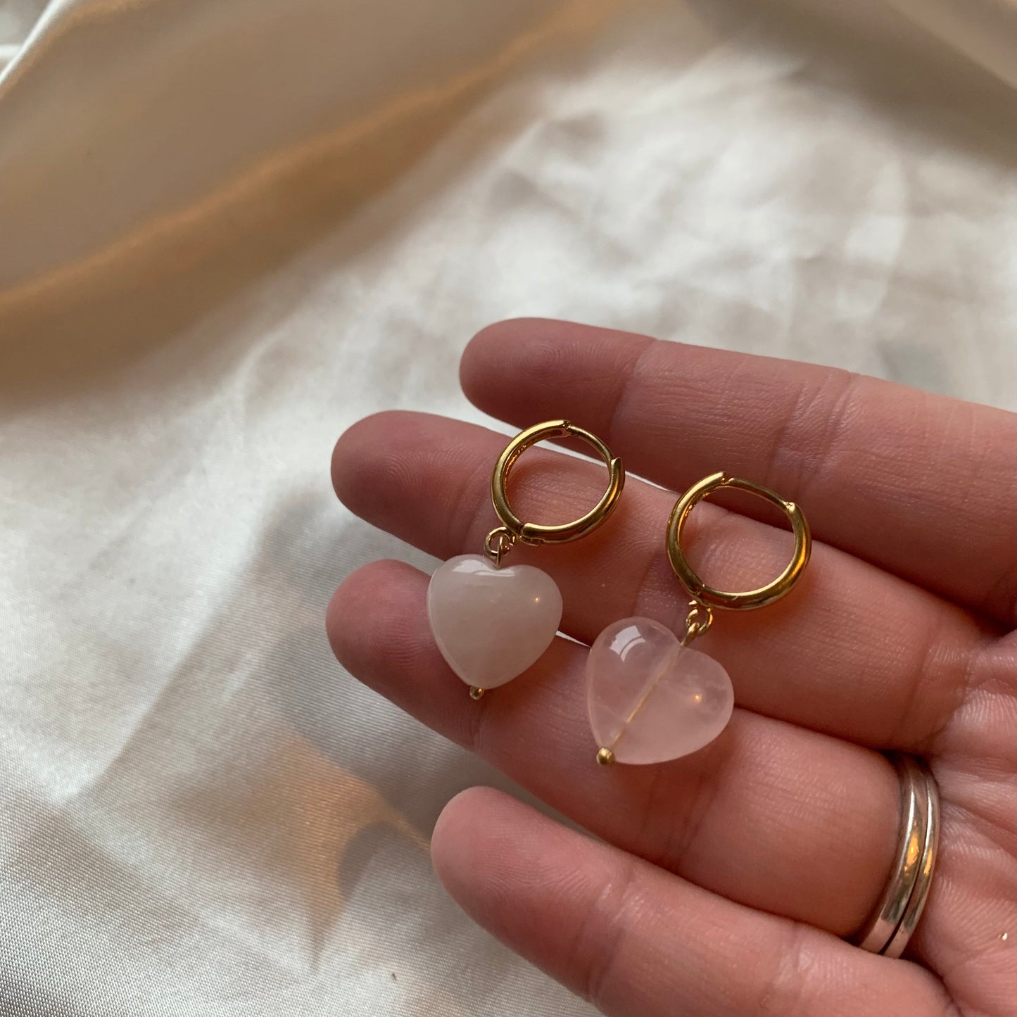 24k gold plated handmade heart crystal huggie hoop earrings with howlite or rose quartz crystals