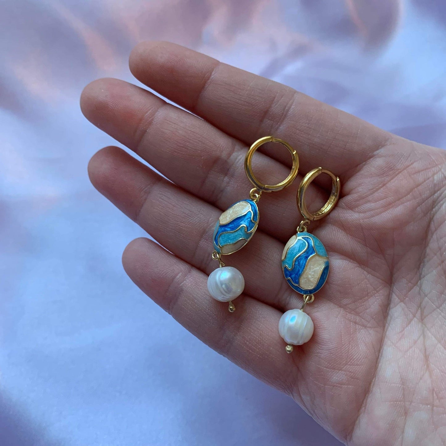 Blue and cream enamel oval and freshwater pearl gold plated hoop earrings