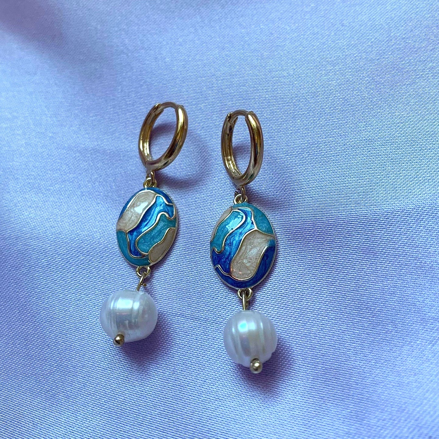 Blue and cream enamel oval and freshwater pearl gold plated hoop earrings