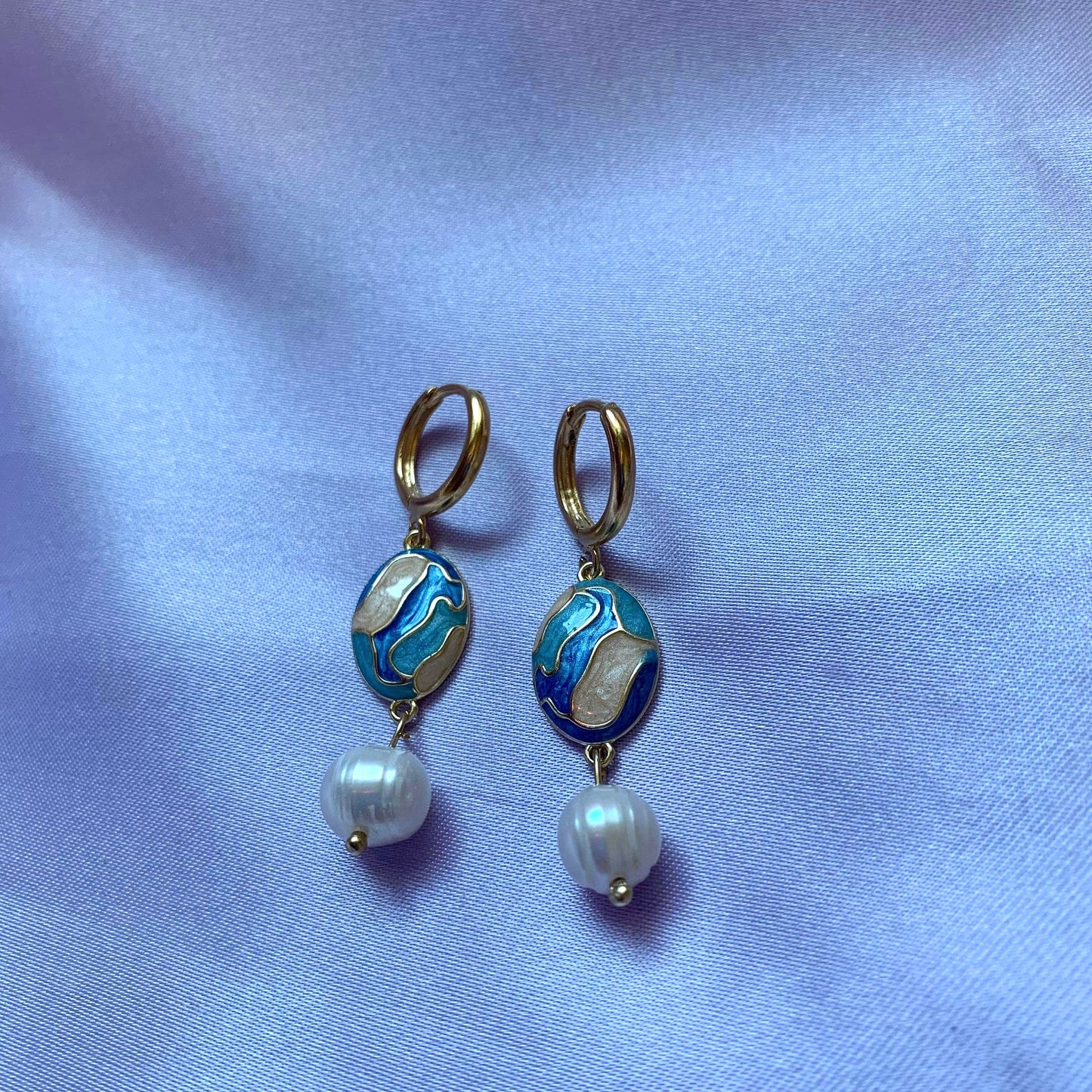 Blue and cream enamel oval and freshwater pearl gold plated hoop earrings