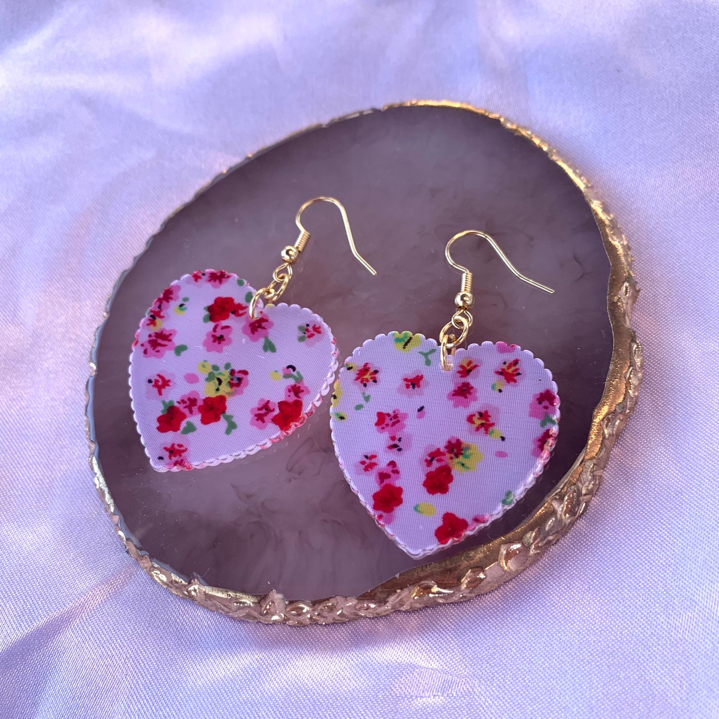 Cool large statement pink heart with red rose flower gold plated earrings