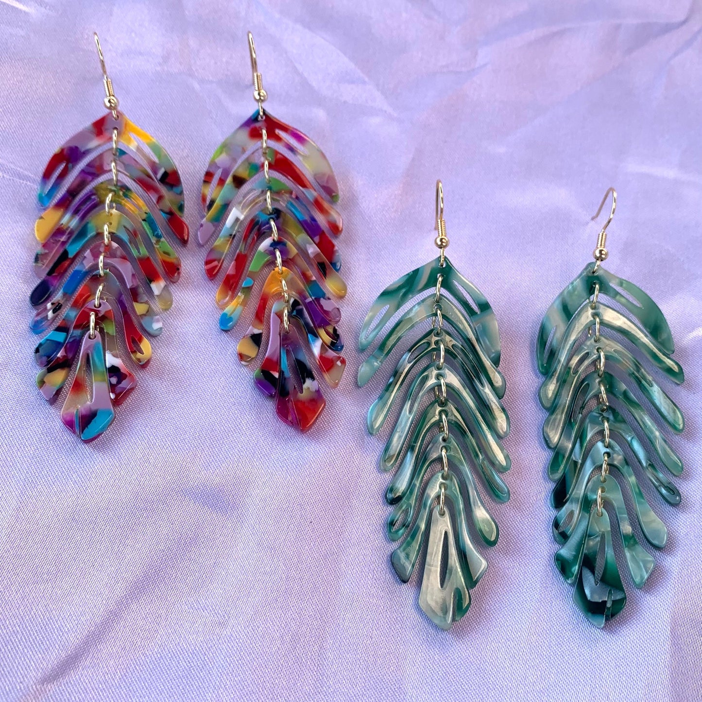 Large rainbow or green  dangle gold leaf earrings