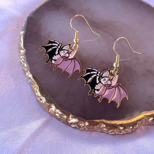 Purple bat gold halloween dangle earrings on gold plated hooks