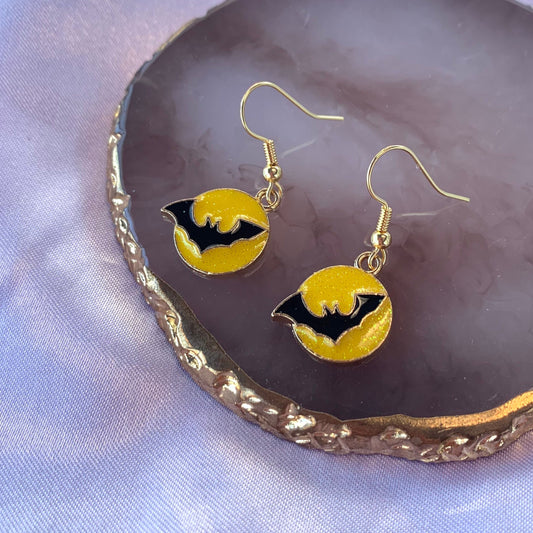 Yellow glitter black bat moon halloween gold dangle earrings
