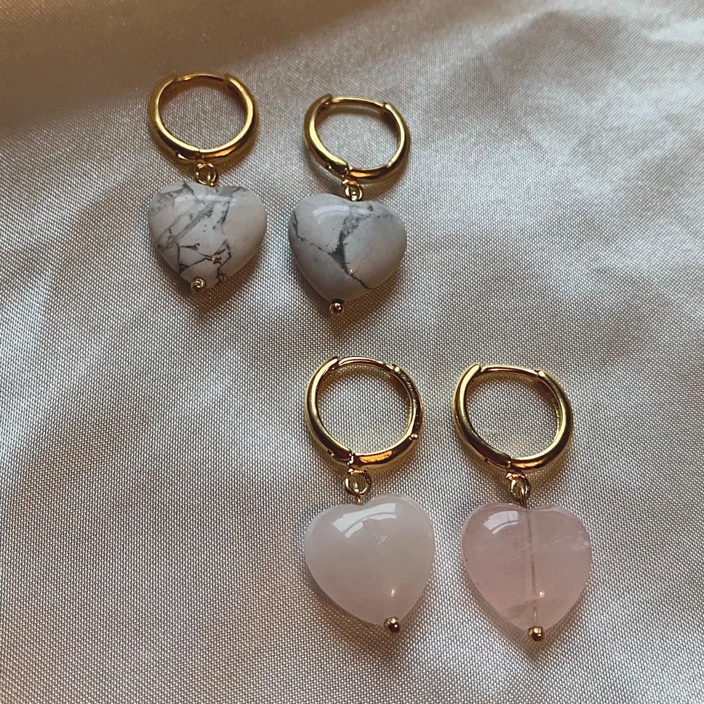 24k gold plated handmade heart crystal huggie hoop earrings with howlite or rose quartz crystals