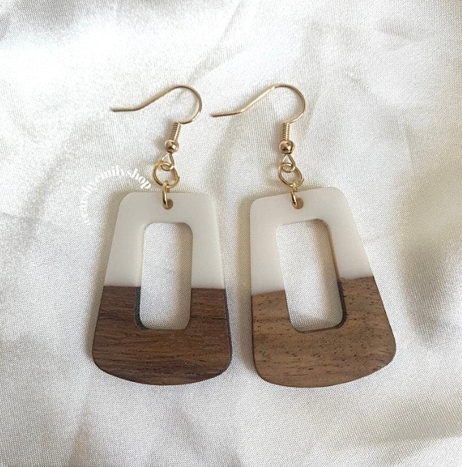 White resin and wood handmade drop dangle earrings on 18k gold plated hooks