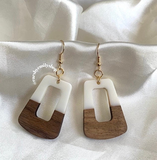 White resin and wood handmade drop dangle earrings on 18k gold plated hooks