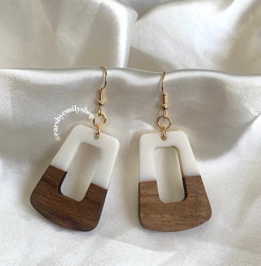 White resin and wood handmade drop dangle earrings on 18k gold plated hooks