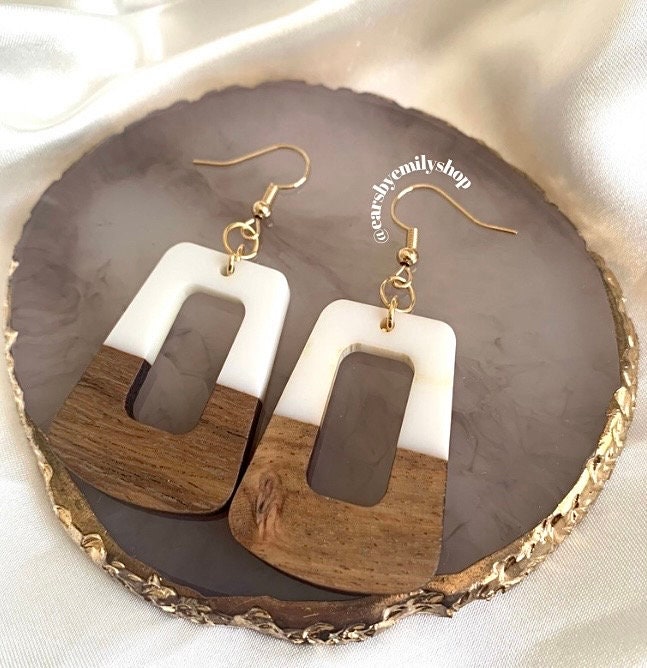 White resin and wood handmade drop dangle earrings on 18k gold plated hooks