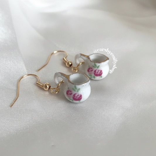 Rose white porcelain rustic tea coffee pot jug gold earrings